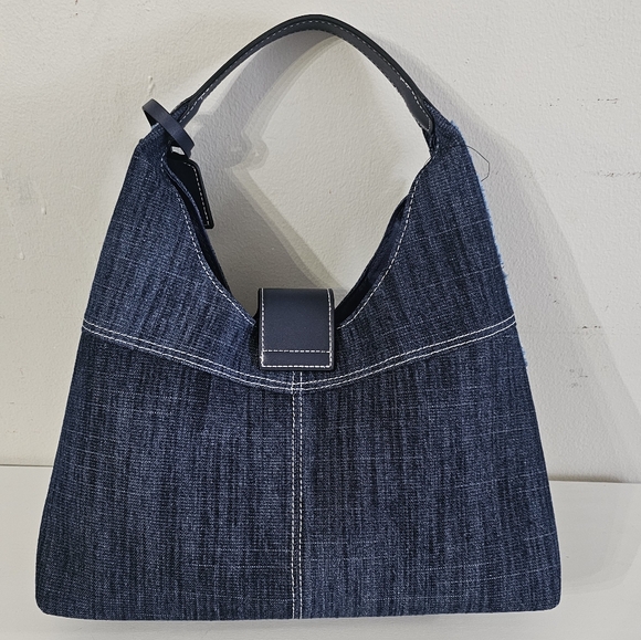 True Religion Frayed Dark Blue Denim Hobo Shoulder Bag ~Logo - Picture 2 of 6